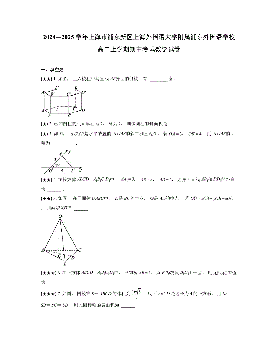 2024—2025学年上海市浦东新区上海外国语大学附属浦东外国语学校高二上学期期中考试数学试卷_第1页