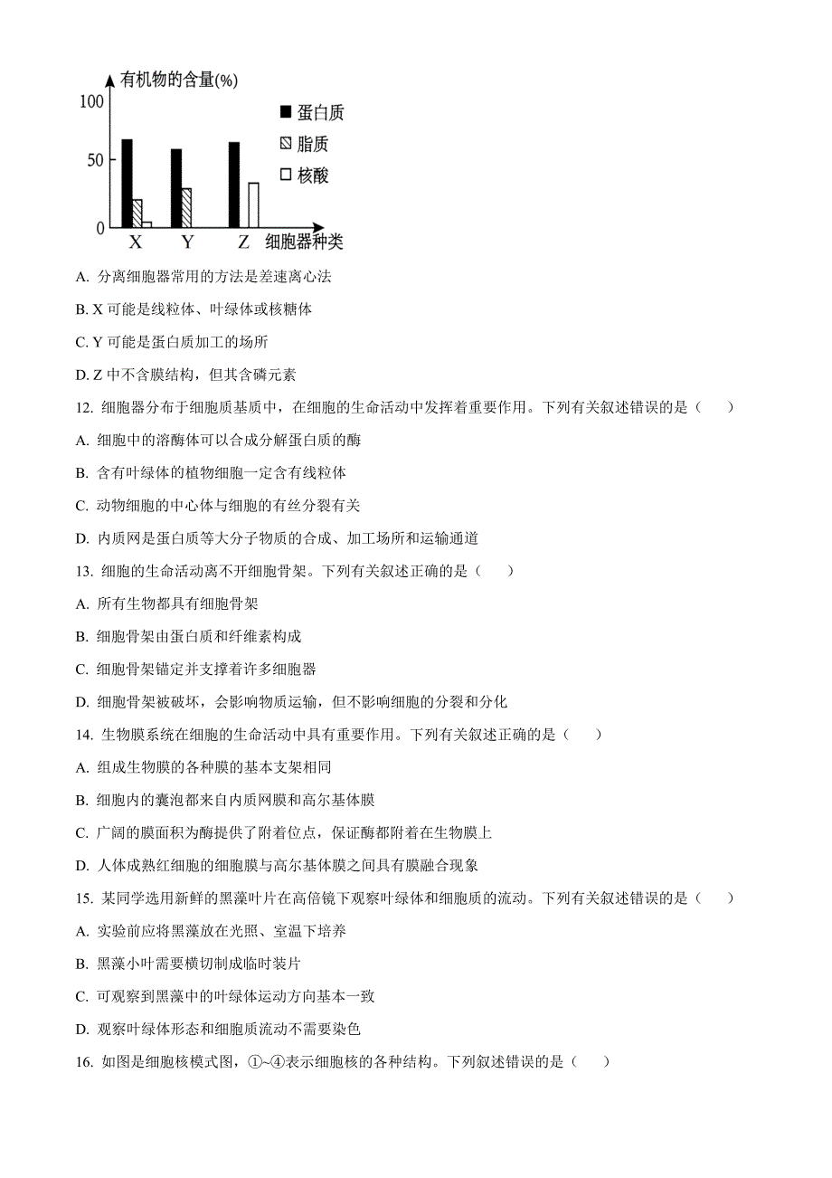 山西省部分学校2024-2025学年高一上学期11月期中质量检测生物Word版无答案_第4页