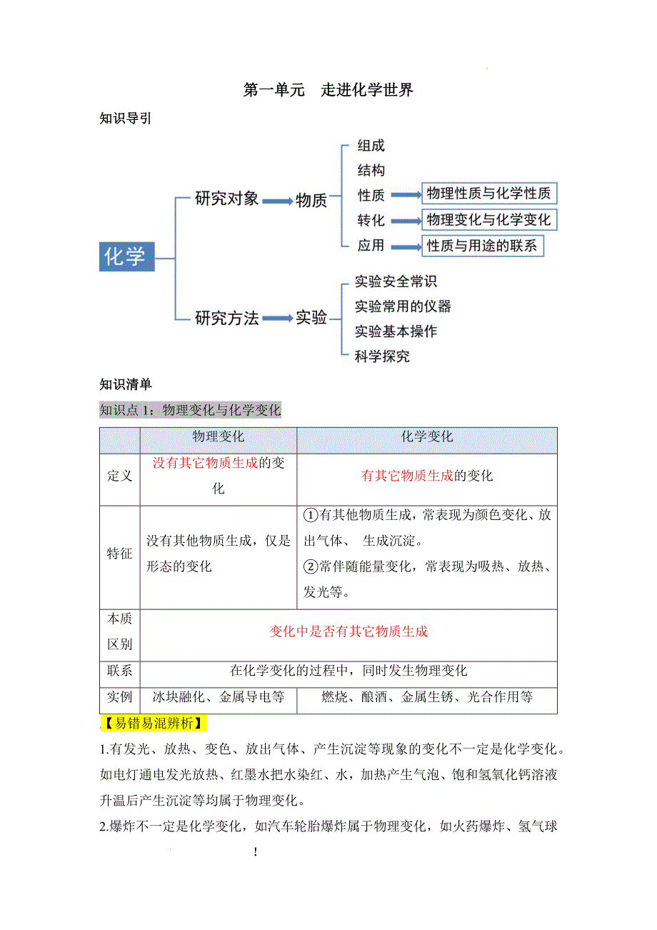 2024-2025学年九年级化学上册人教版第一单元走进化学世界知识清单_第1页