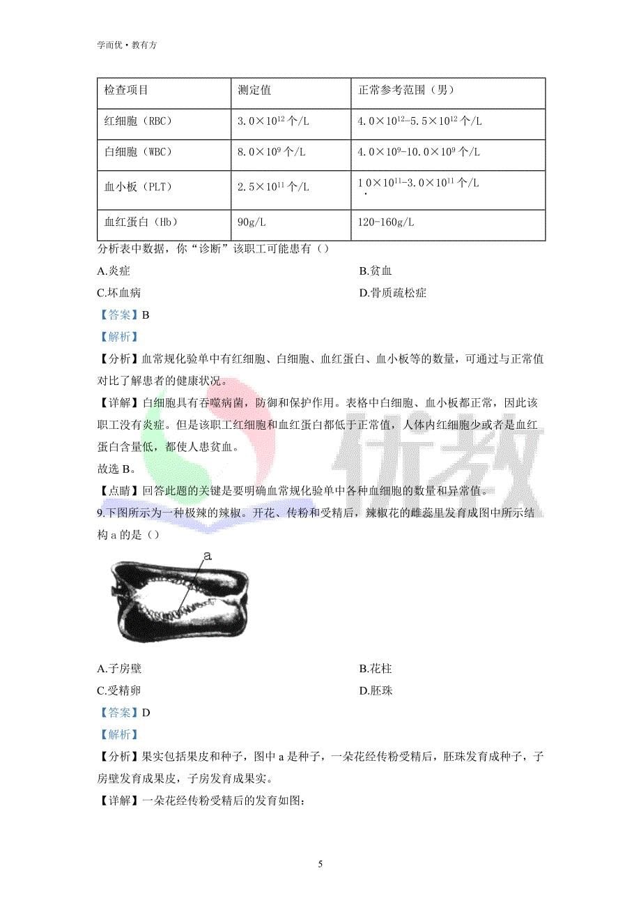 2021-2022学年八下【山西省晋中市介休市某校】生物期中试题（解析版）_第5页