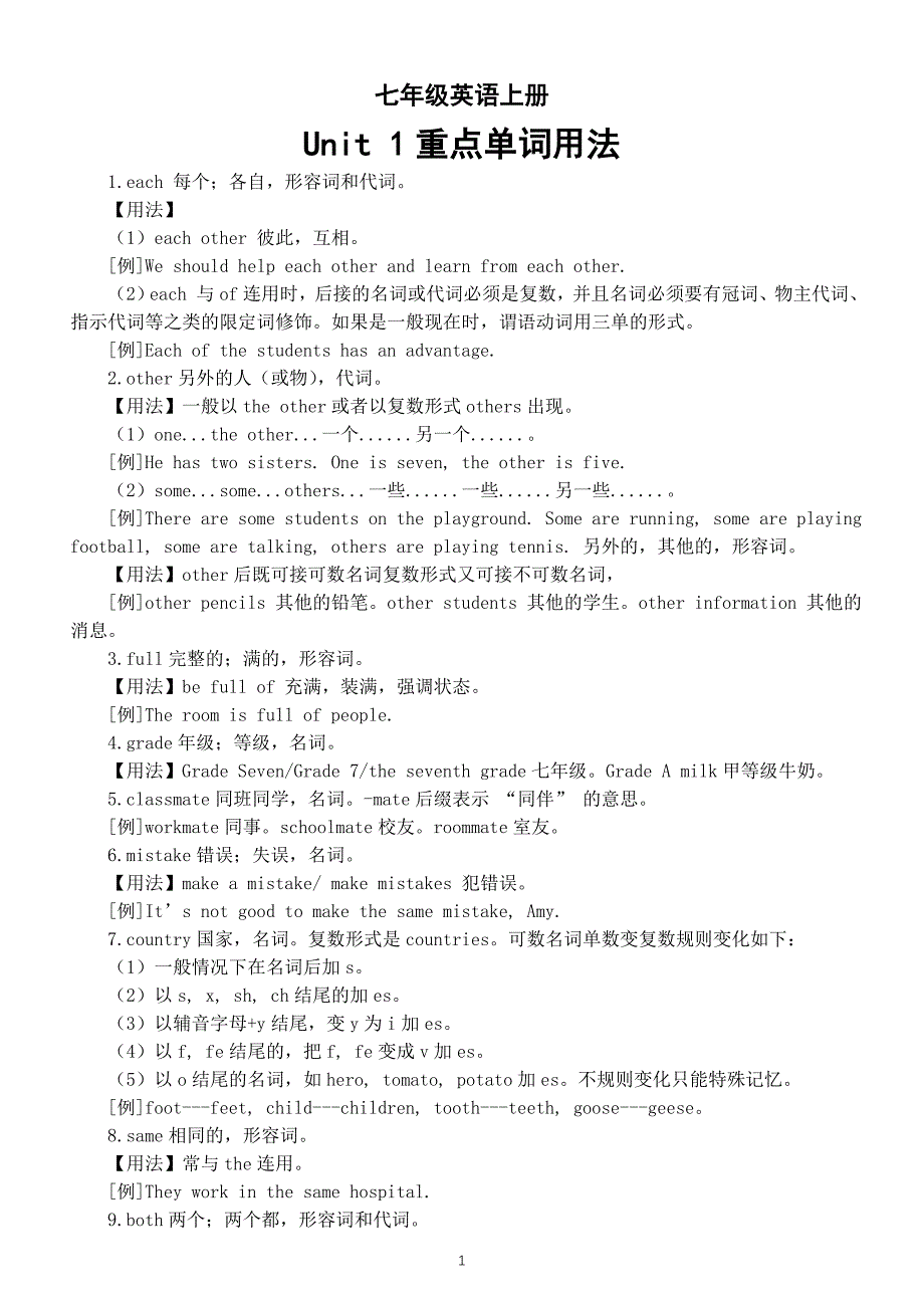 初中英语新人教版七年级上册Unit 1重点单词用法整理（2024秋）_第1页
