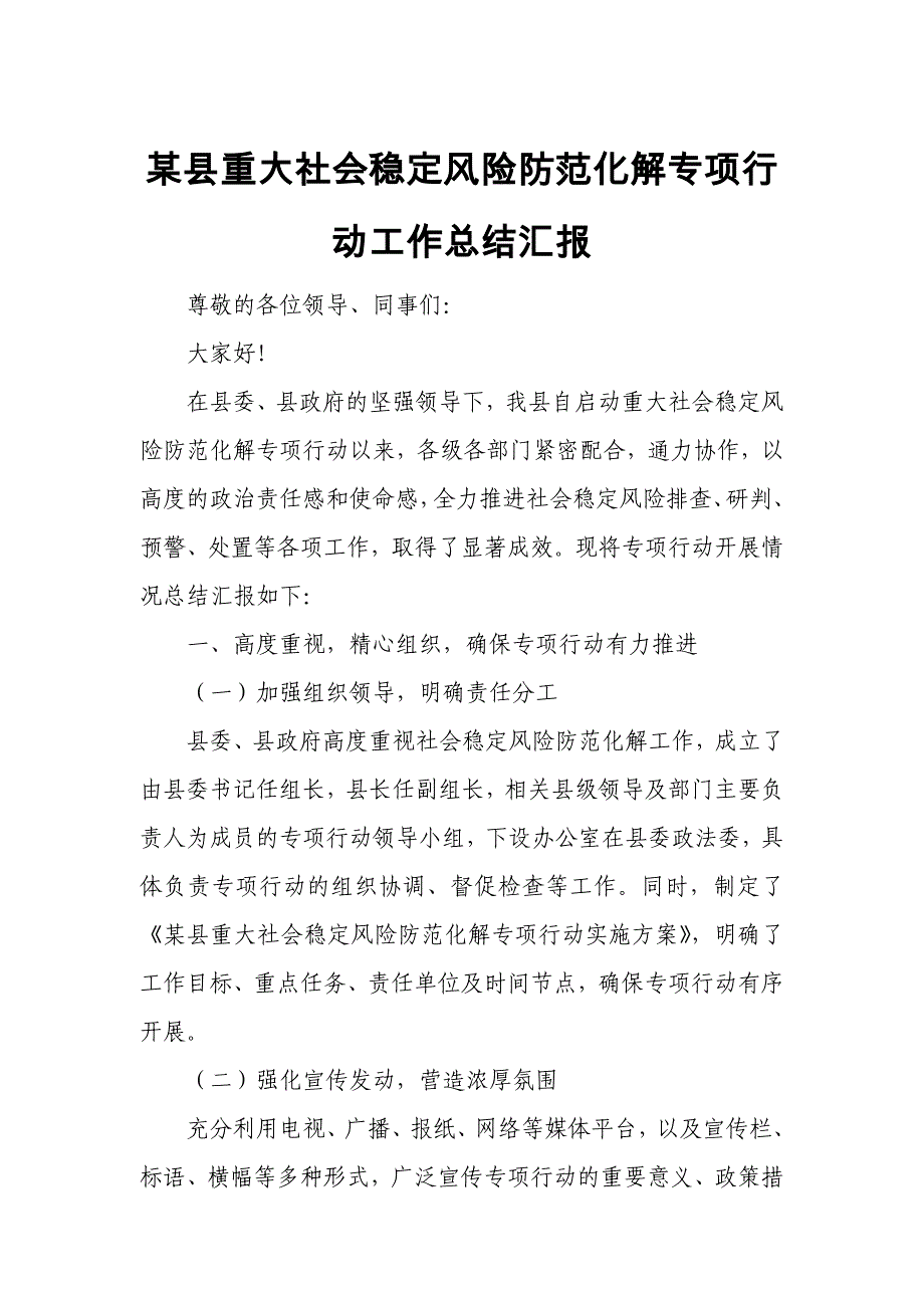 某县重大社会稳定风险防范化解专项行动工作总结汇报3_第1页