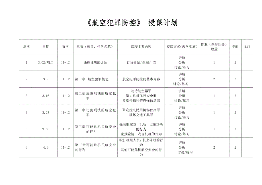 《航空犯罪防控》授课计划_第1页