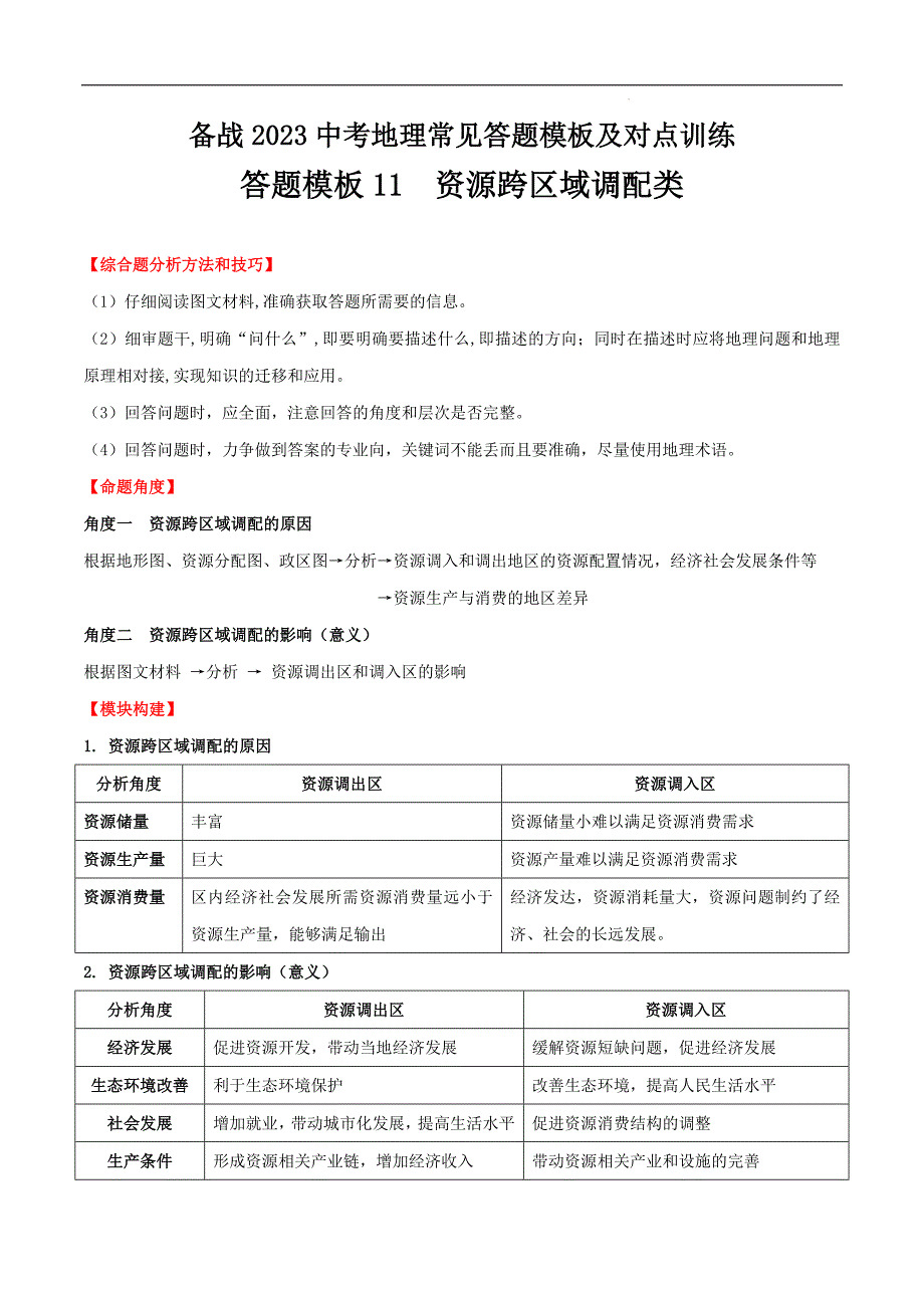 【八年级地理】答题模板11资源跨区域调配类_第1页