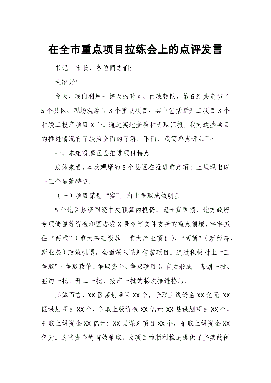 在全市重点项目拉练会上的点评发言_第1页