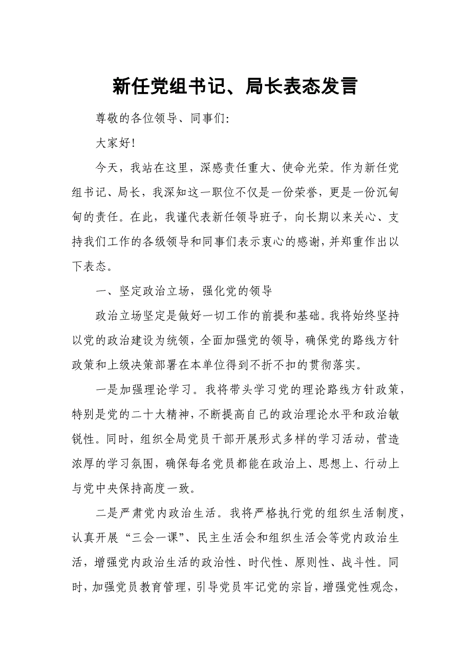 新任党组书记、局长表态发言_第1页