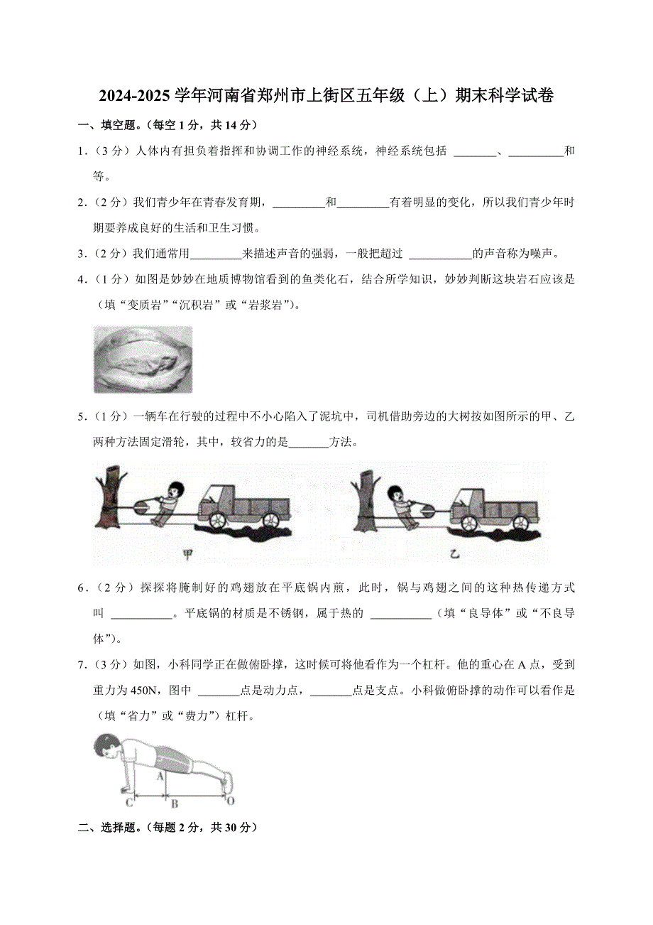 2024-2025学年河南省郑州市上街区五年级（上）期末科学试卷（全解析版）_第1页