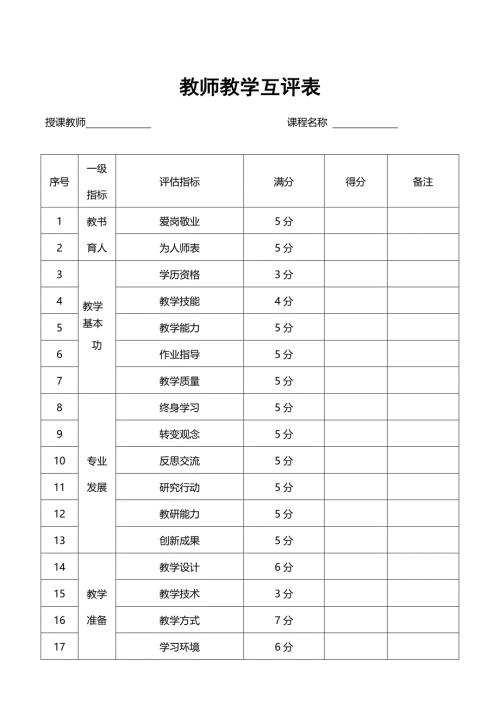 教师教学互评表