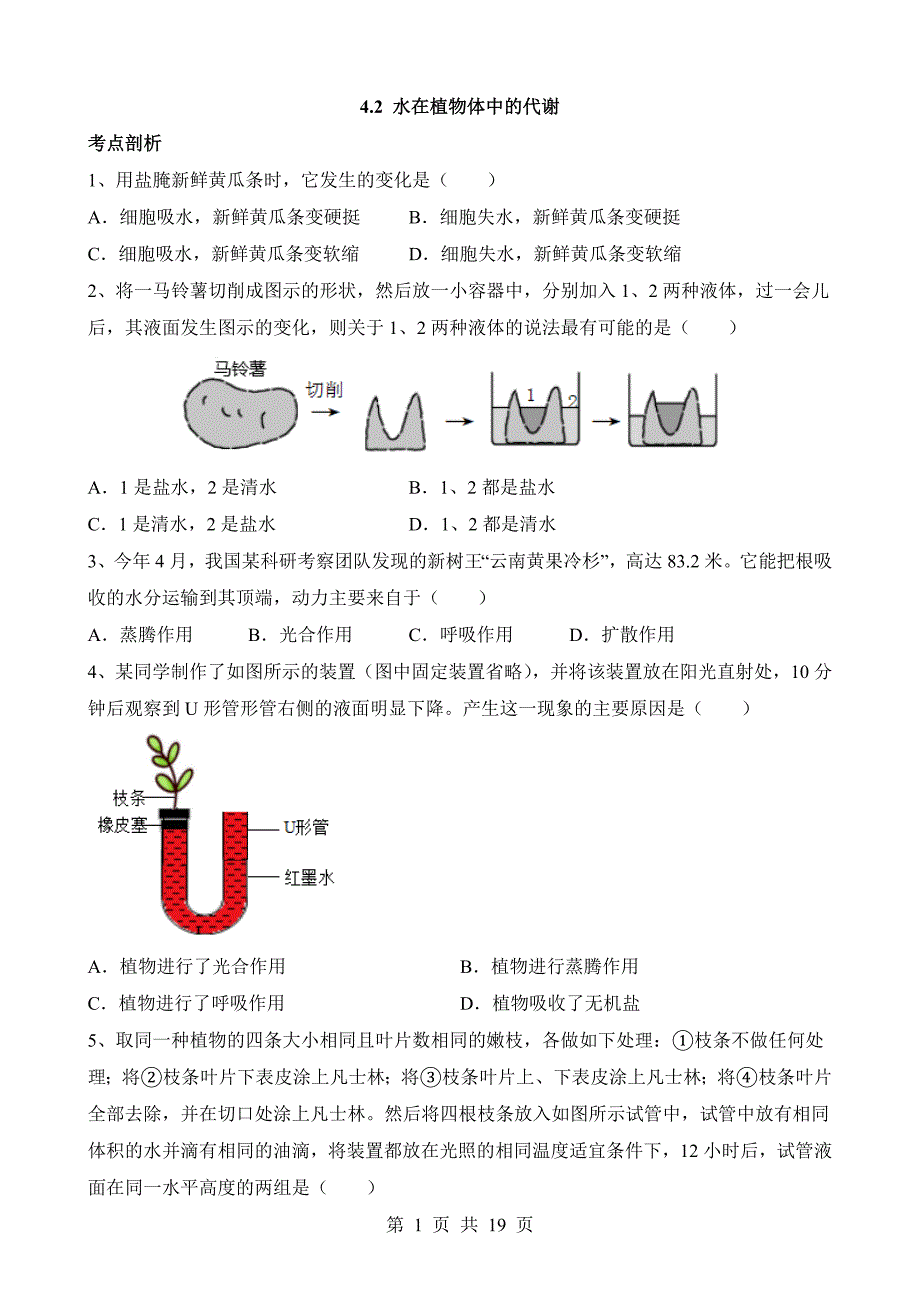 【八年级上册华师大科学】4.2 水在植物体中的代谢 同步练习_第1页