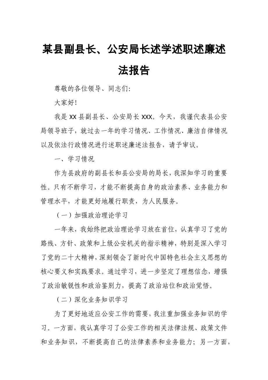 某县副县长、公安局长述学述职述廉述法报告_第1页