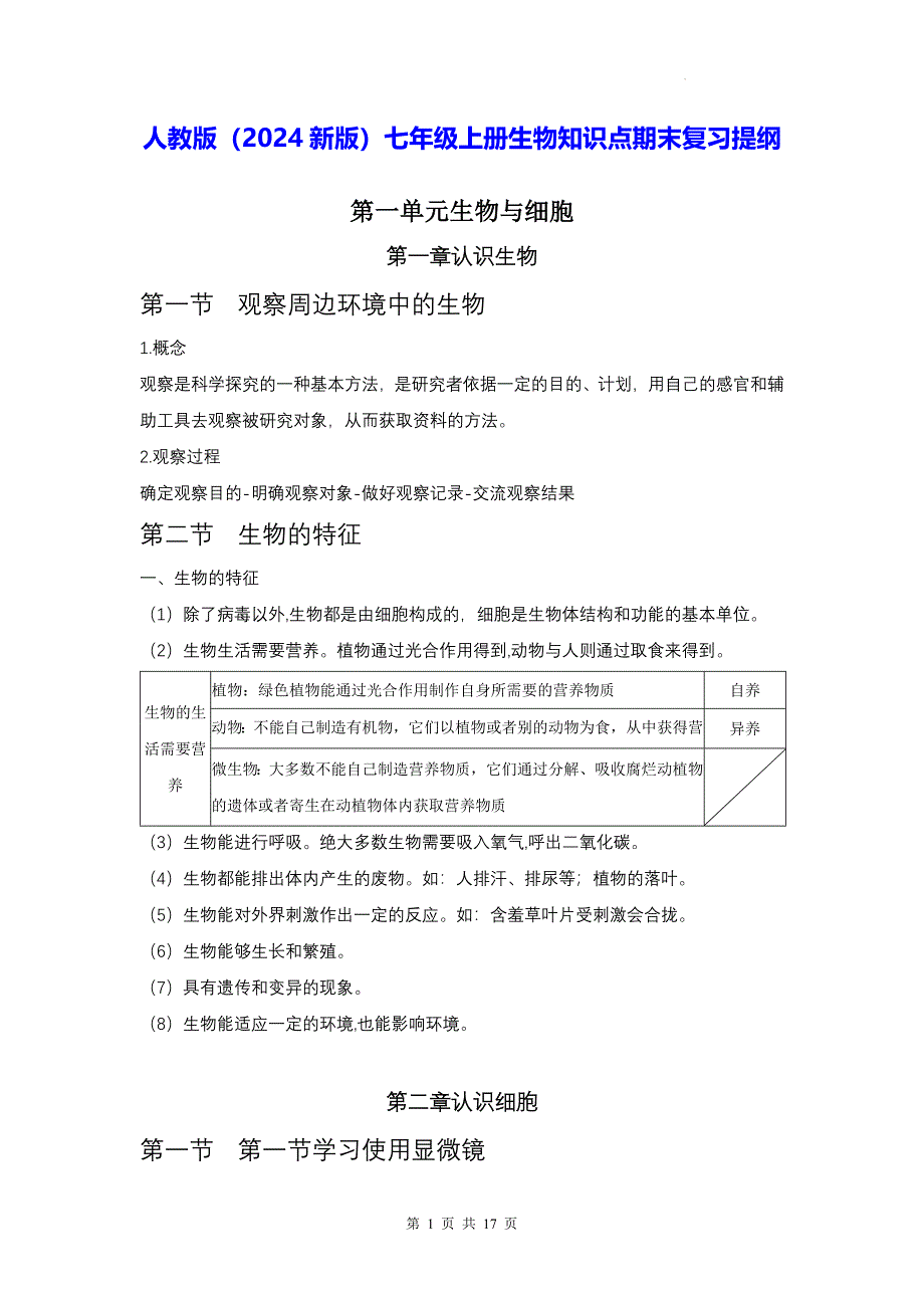 人教版（2024新版）七年级上册生物知识点期末复习提纲_第1页