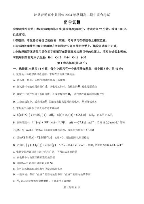 四川省泸州市泸县统一联合考试2024-2025学年高二上学期11月期中考试化学Word版