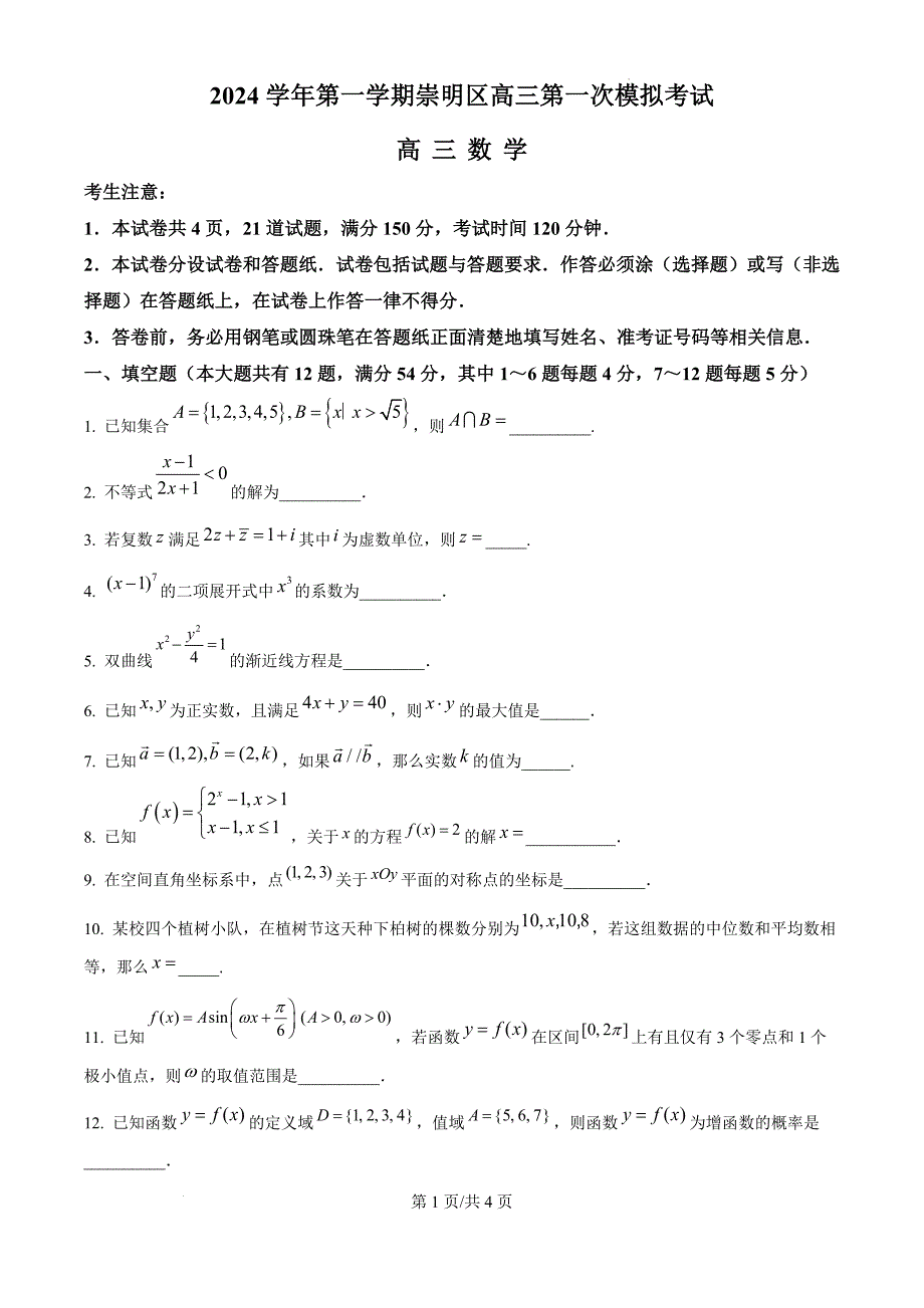 上海市崇明区2024-2025学年高三上学期第一次模拟考试数学试题_第1页