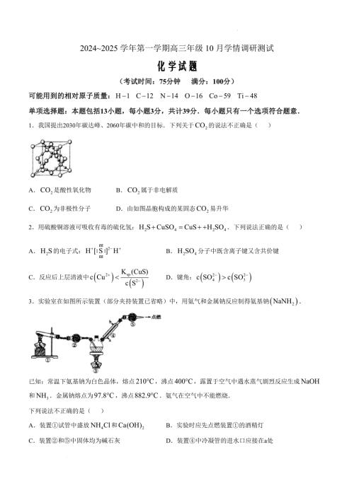 江苏省扬州市高邮市2024-2025学年高三上学期10月月考 化学Word版