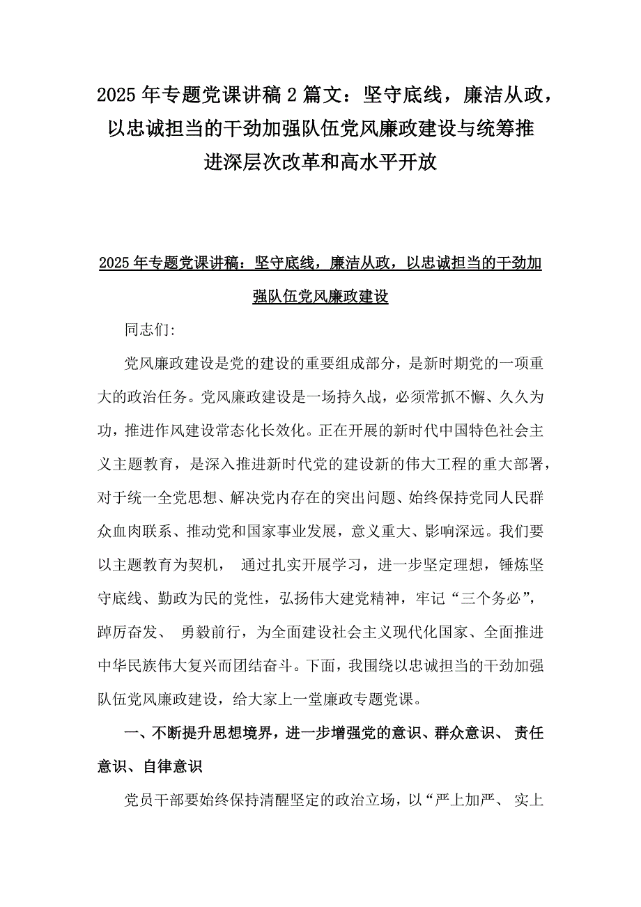 2025年专题党课讲稿2篇文：坚守底线廉洁从政以忠诚担当的干劲加强队伍党风廉政建设与统筹推进深层次改革和高水平开放_第1页