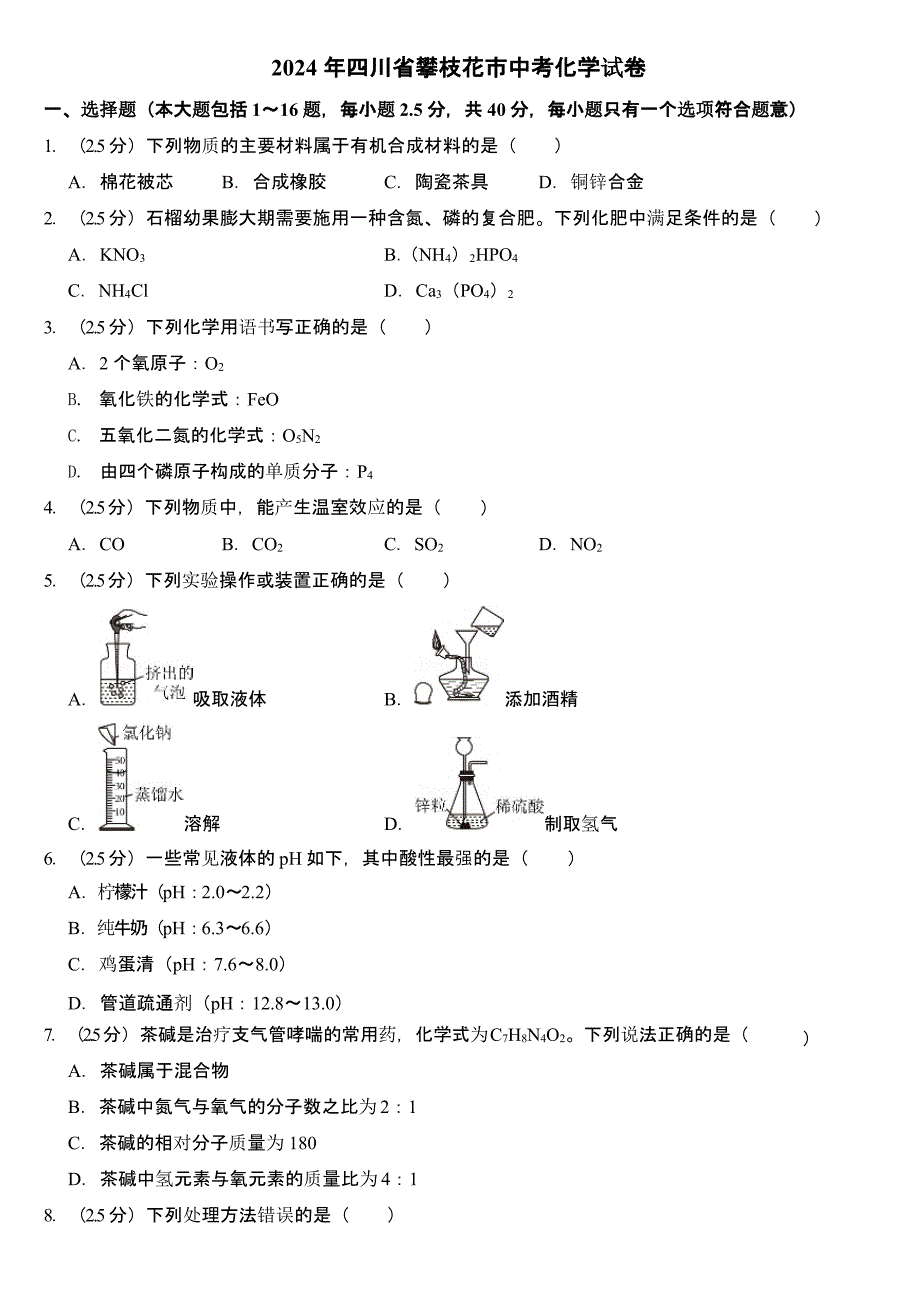 2024年四川省攀枝花市中考化学试卷（含答案）_第1页