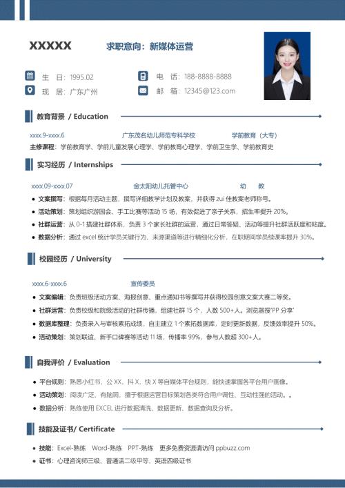 公司幼师转运营简历模板