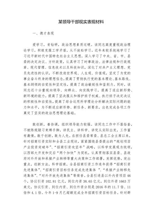某领导干部现实表现材料