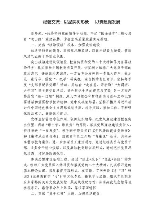经验交流：以品牌树形象 以党建促发展
