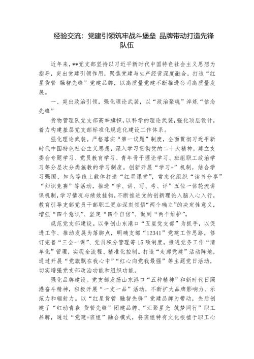 经验交流：党建引领筑牢战斗堡垒 品牌带动打造先锋队伍