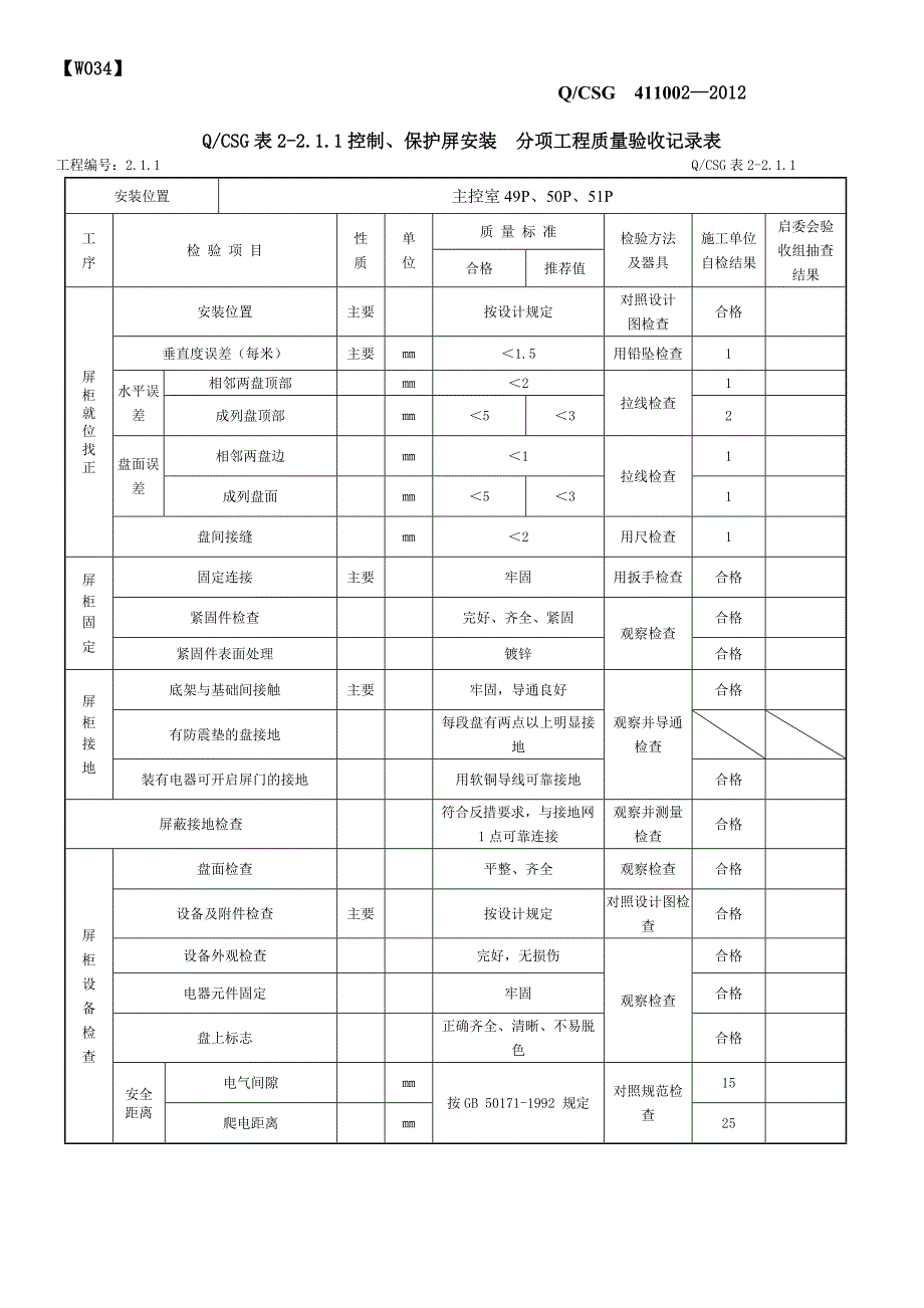 控制、保护屏安装-分项工程质量验收记录表_第1页