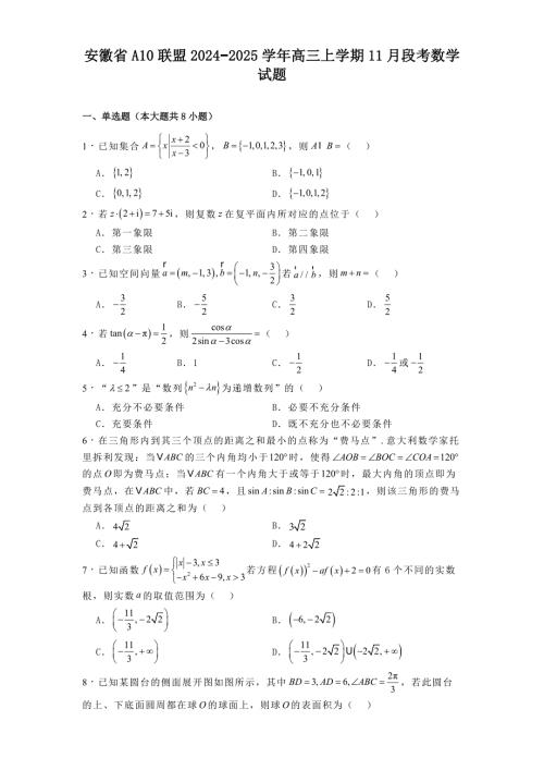 安徽省A10联盟2024−2025学年高三上学期11月段考数学试题[含答案]