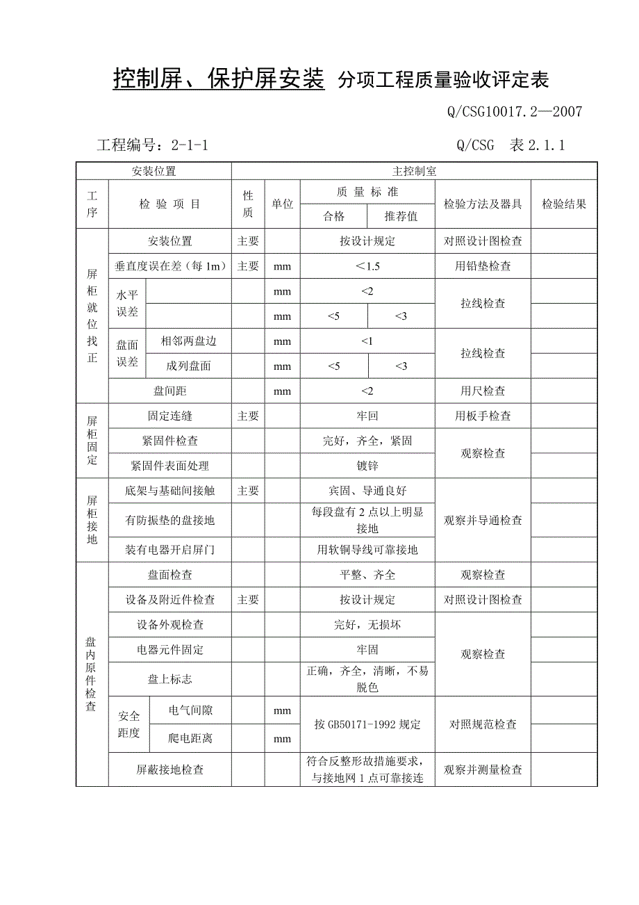 控制屏、保护屏安装--分项工程质量检验评定表_第1页