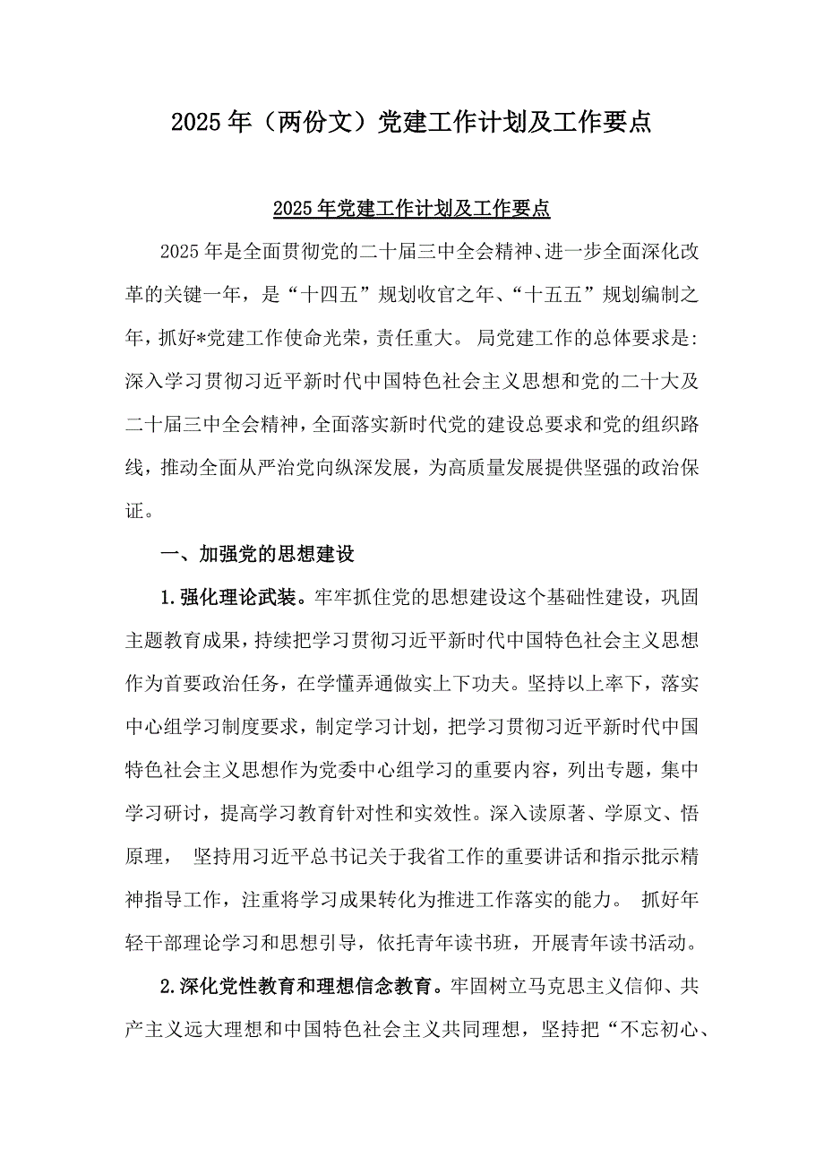 2025年（两份文）党建工作计划及工作要点_第1页