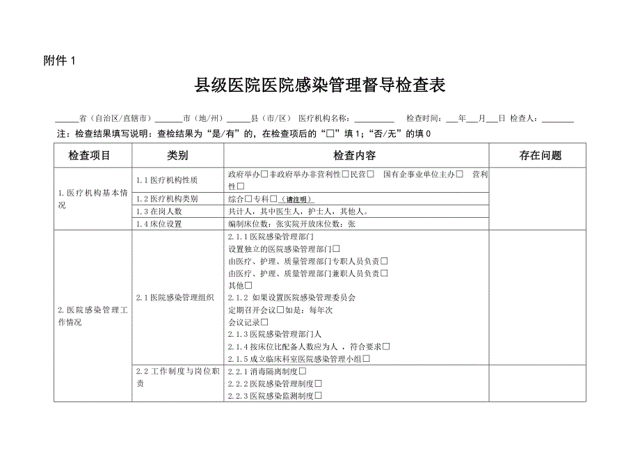 县医院和基层医疗机构医院感染督导检查表和调研表（9个）_第1页