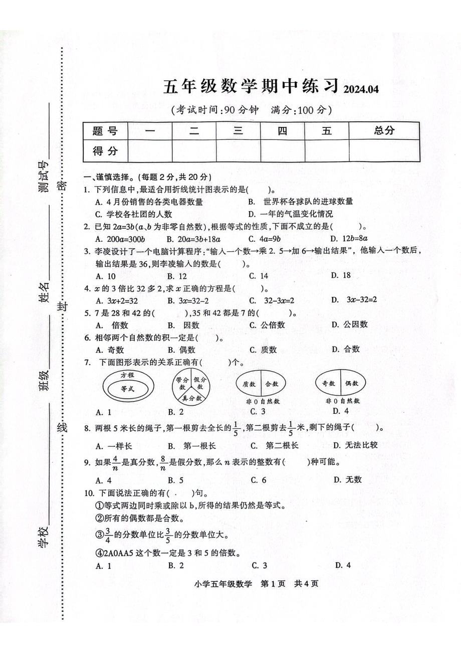 江苏省南通市通州区2023-2024学年五年级下学期期中数学试题（超清PDF版含解析答案）_第1页