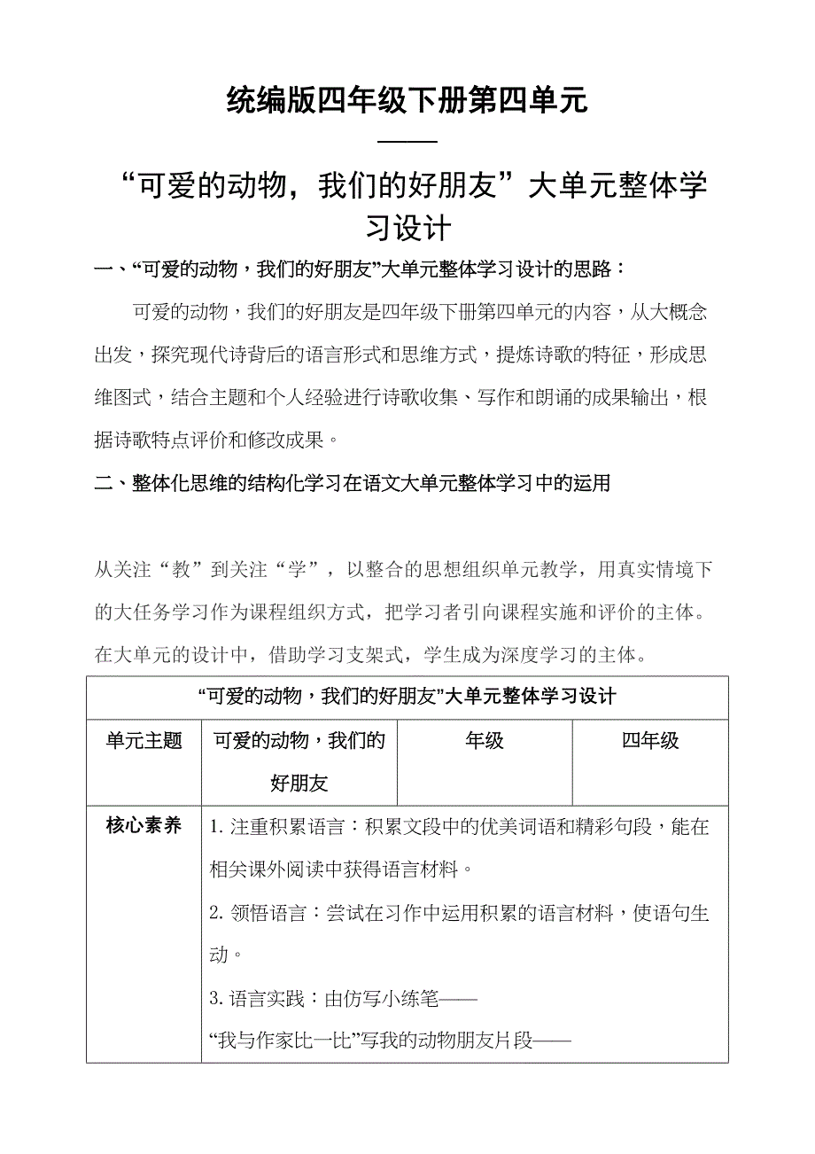 统编版语文四年级下册第四单元可爱的动物我们的好朋友大单元整体学习设计_第1页