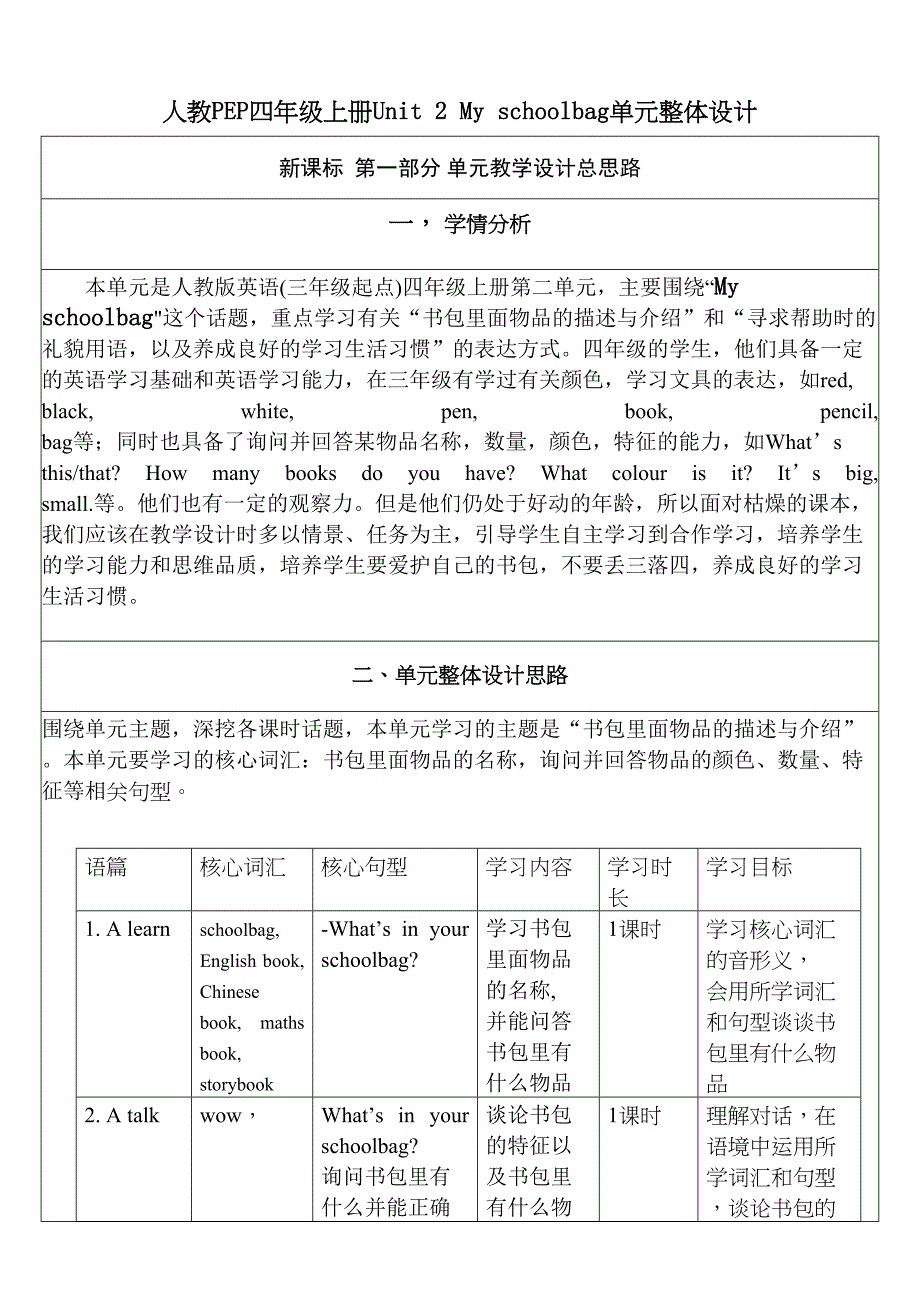 人教PEP四上大单元教学Unit 2 My schoolbag PB Read and write PC story tim教案_第1页