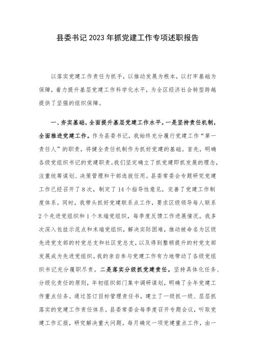 县委书记2023年抓党建工作专项述职报告