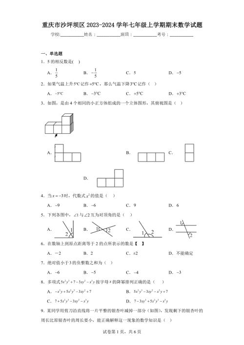 重庆市沙坪坝区2023-2024学年七年级上学期期末数学试题(含答案)