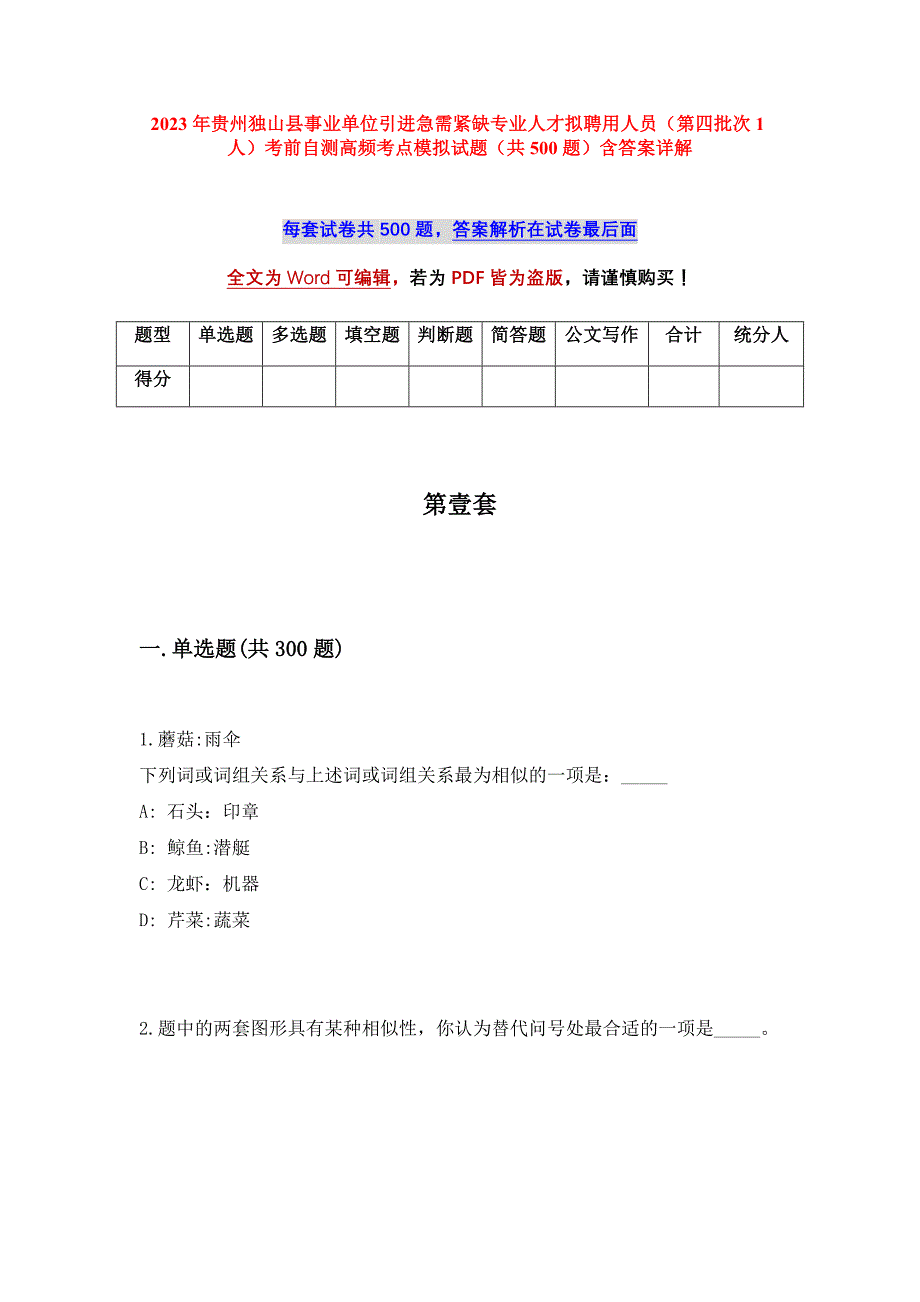 2023年贵州独山县事业单位引进急需紧缺专业人才拟聘用人员（第四批次1人）考前自测高频考点模拟试题（共500题）含答案详解_第1页