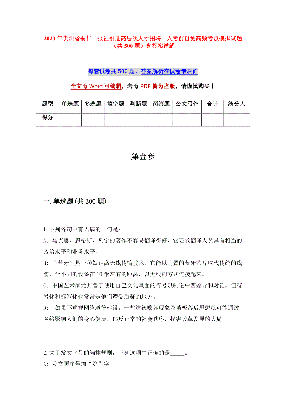 2023年贵州省铜仁日报社引进高层次人才招聘1人考前自测高频考点模拟试题（共500题）含答案详解_第1页