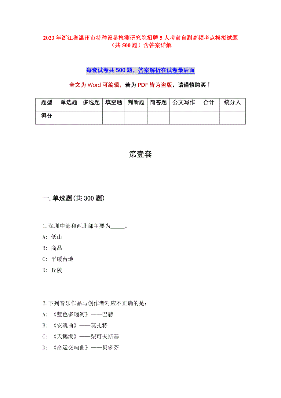 2023年浙江省温州市特种设备检测研究院招聘5人考前自测高频考点模拟试题（共500题）含答案详解_第1页