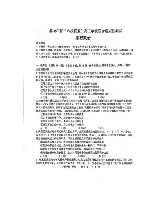 2024黑龙江省六校联盟高三政治联合性适应测试卷