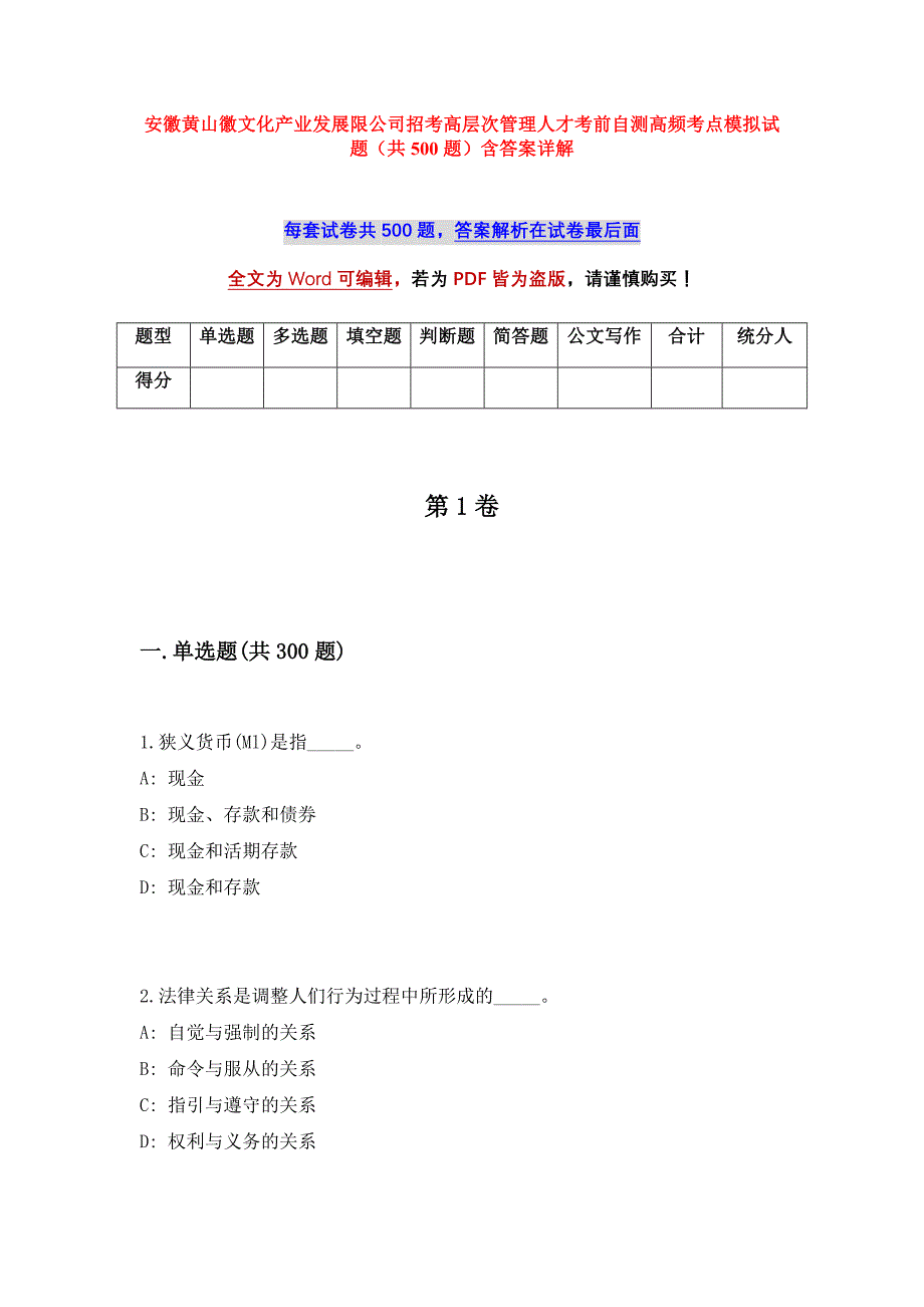 安徽黄山徽文化产业发展限公司招考高层次管理人才考前自测高频考点模拟试题（共500题）含答案详解_第1页