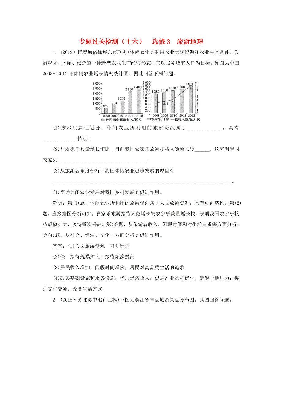 （江苏专用）高考地理二轮复习 专题过关检测（十六）选修3 旅游地理（含解析）-人教高三选修3地理试题_第1页