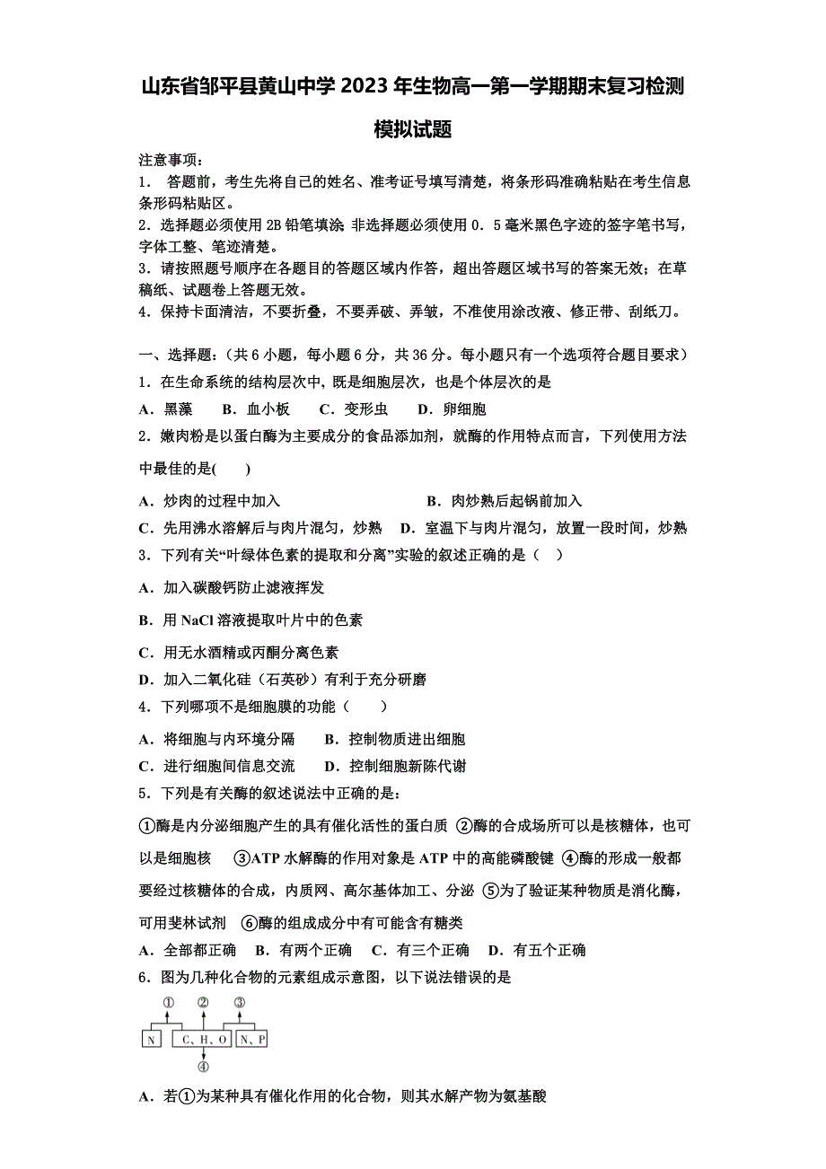 山东省邹平县黄山中学2023年生物高一第一学期期末复习检测模拟试题含解析_第1页