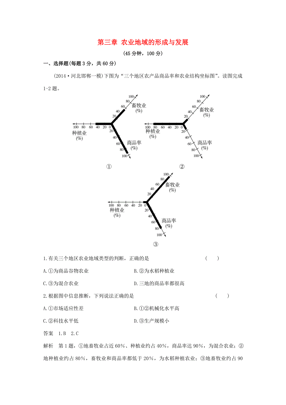 （新课标）高考地理一轮总复习 人文地理 第三章 农业地域的形成与发展单元测试-人教版高三地理试题_第1页
