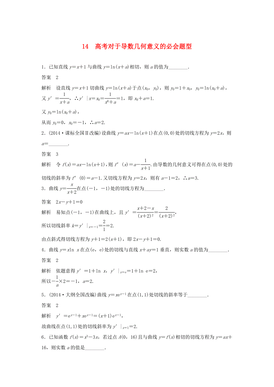 （江苏专用）高考数学二轮复习 专题检测14 高考对于导数几何意义的必会题型_第1页