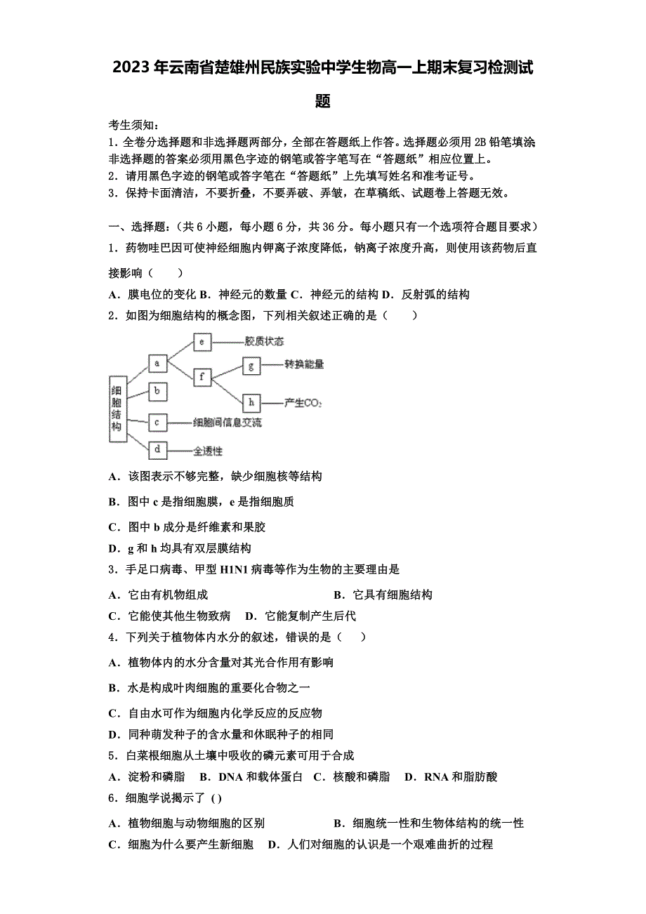 2023年云南省楚雄州民族实验中学生物高一上期末复习检测试题含解析_第1页