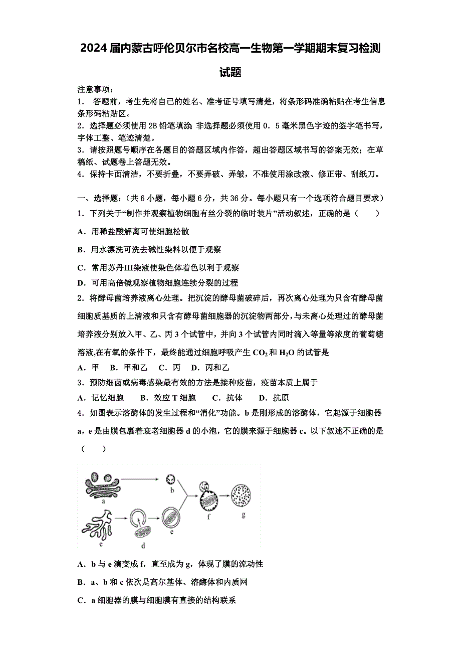 2024届内蒙古呼伦贝尔市名校高一生物第一学期期末复习检测试题含解析_第1页