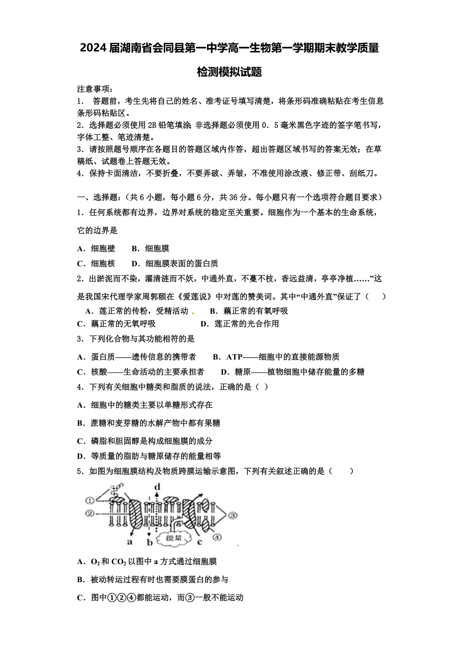 2024届湖南省会同县第一中学高一生物第一学期期末教学质量检测模拟试题含解析_第1页