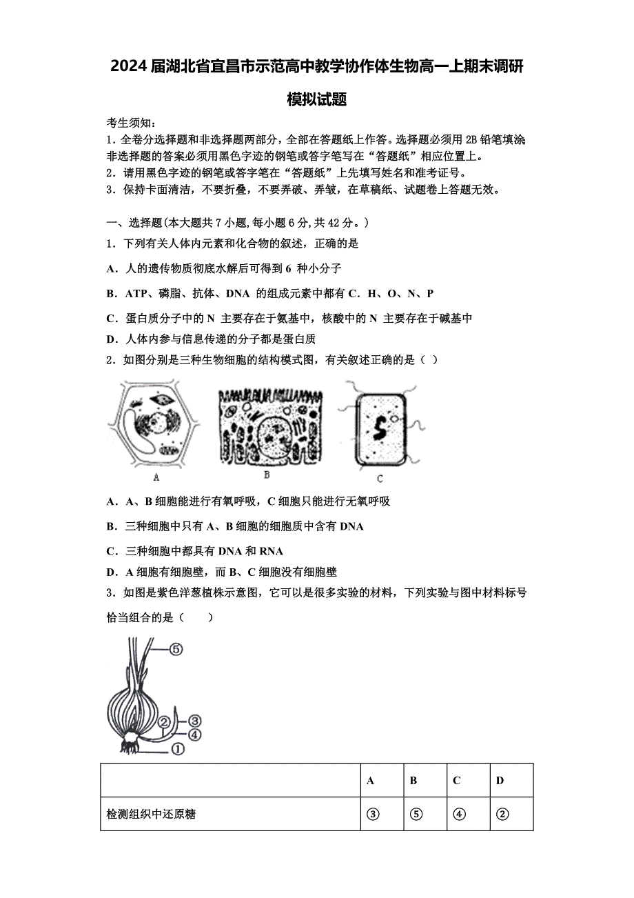 2024届湖北省宜昌市示范高中教学协作体生物高一上期末调研模拟试题含解析_第1页