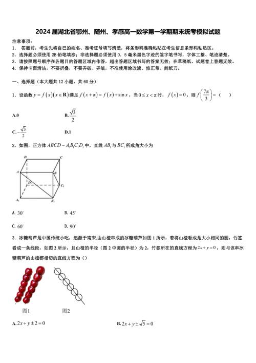 2024届湖北省鄂州、随州、孝感高一数学第一学期期末统考模拟试题含解析