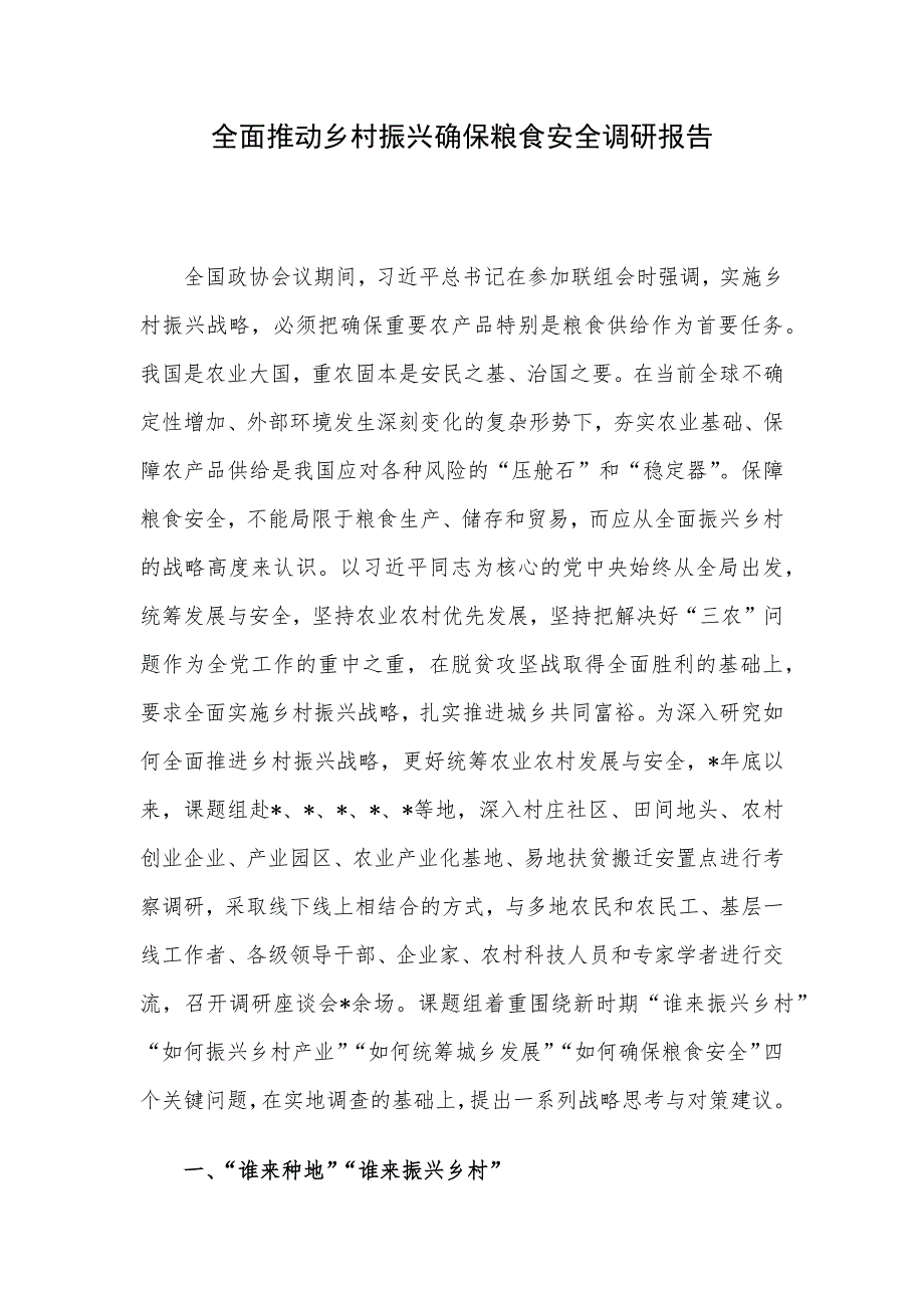 全面推动乡村振兴确保粮食安全调研报告_第1页