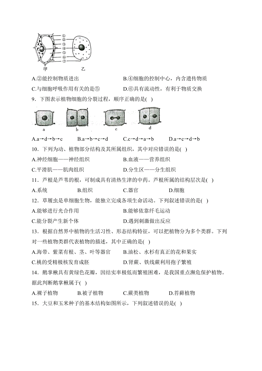 河北省沧州市吴桥县2023-2024学年七年级上学期期末测试生物试卷(含答案)_第2页